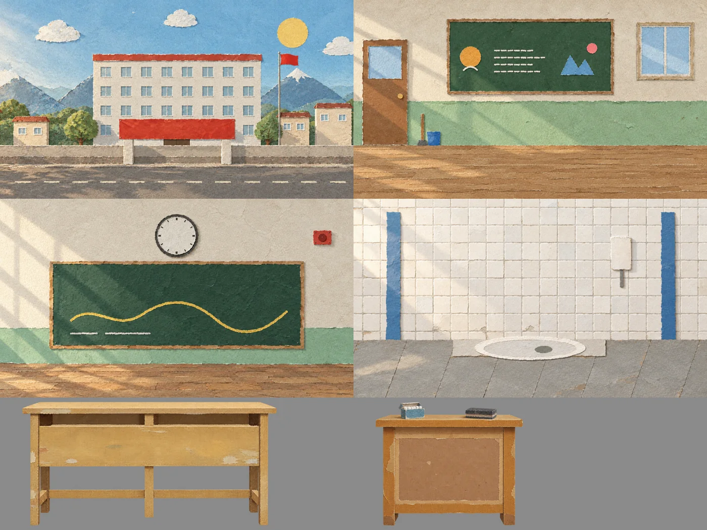The town, the classroom from the front, the blackboard wall, the toilet, a pupil's desk and the teacher's desk.