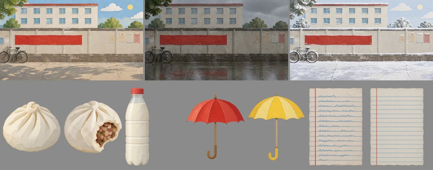 The stall street in sun, rain and snow, and the painted props: buns, soy milk, umbrellas, homework sheets.