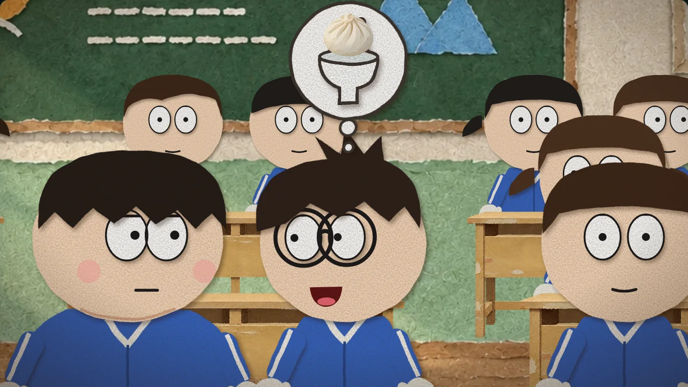 Bo, with a bun sitting on a toilet in his thought bubble, about to ask his question; Me beside him and the class behind.