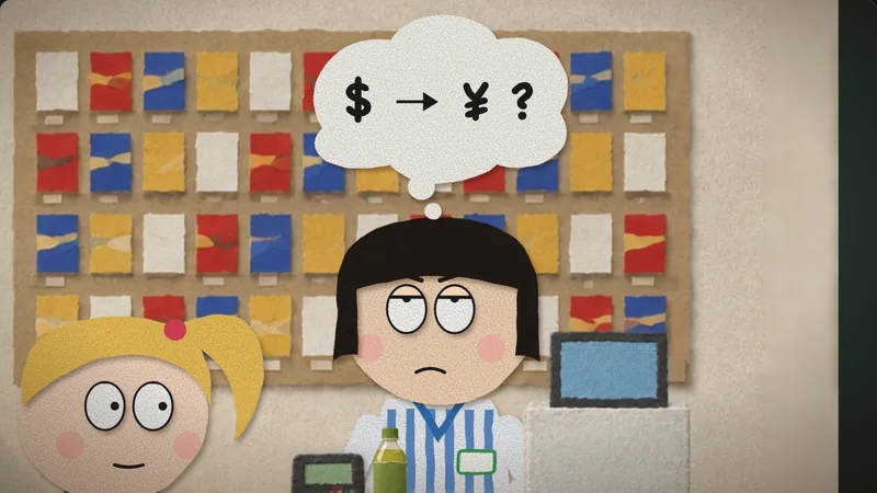 Episode 2: the clerk wonders if she wants to change dollars into yen.
