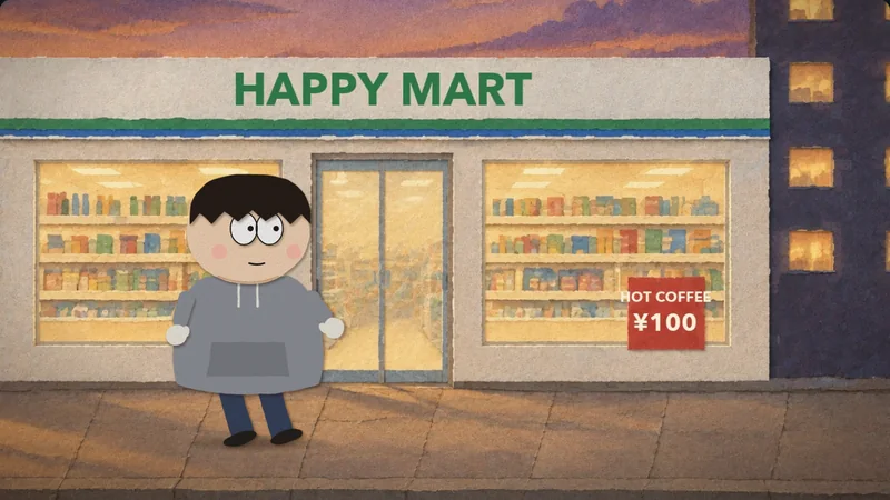 Episode 2: walking into the Happy Mart at dusk.