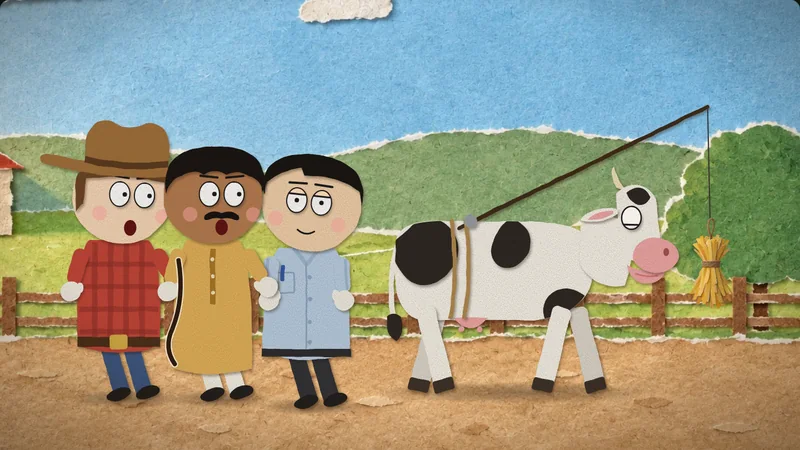The cow walks after hay hung from a rod on its own back.