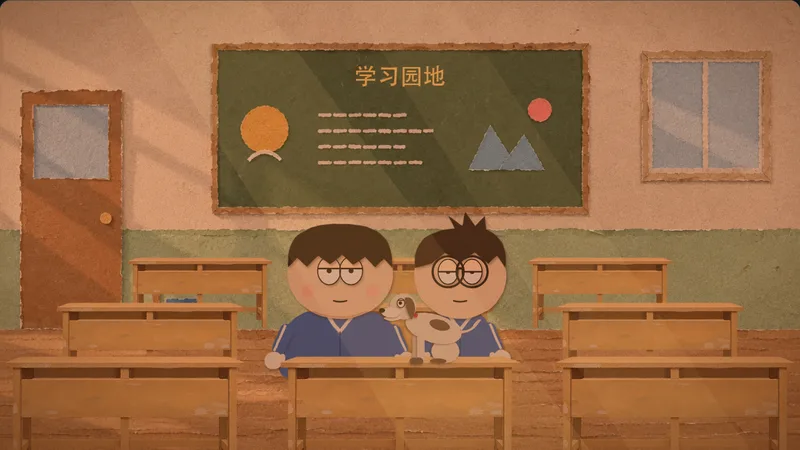Episode 4: detention in the evening light, two boys and a dog.