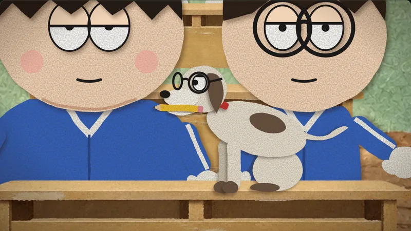 The dog on the desk between Me and Bo, in glasses, a pencil in its mouth.