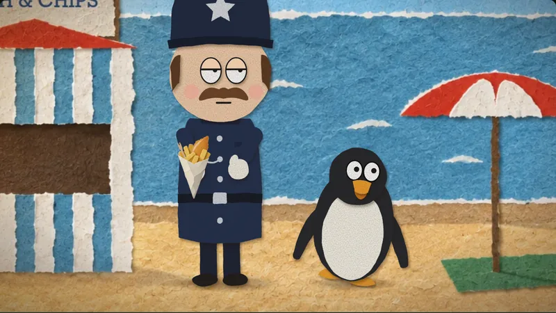 Episode 5: at the beach, a second penguin eyes the policeman's chips.