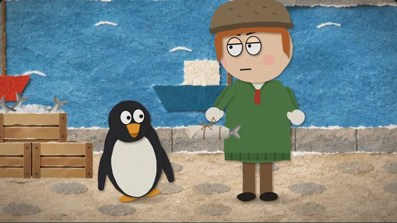 Episode 5: the man stops, and the penguin behind him stops half a step late.