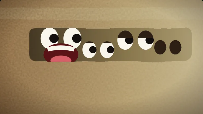 Eight eyes in the slot of a cardboard box, one mouth open to bark.