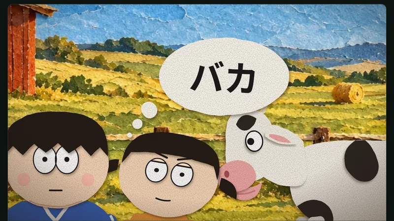 Luna the cow under a speech bubble that says バカ — Yui hears “vaca” as something worse.
