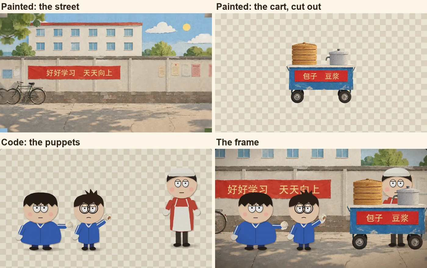 One frame taken apart: the painted street, the painted cart cut out on its own, the puppets drawn in code, and the finished frame.