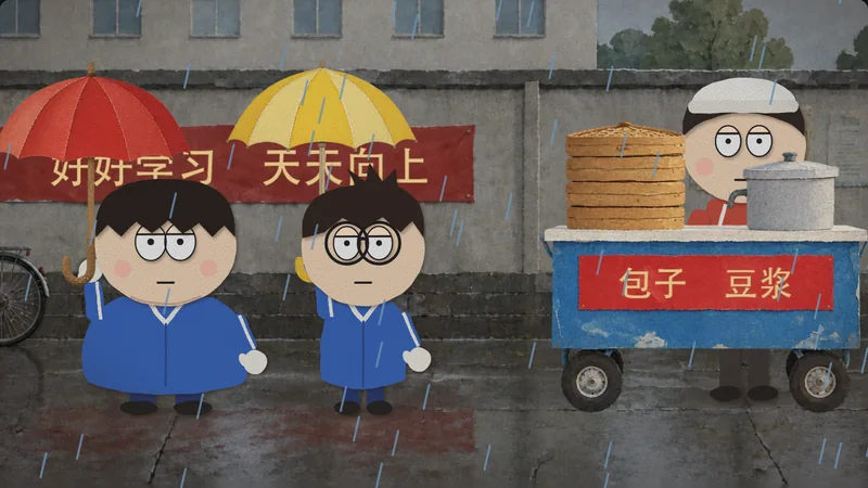 The same stall in the rain, with umbrellas.