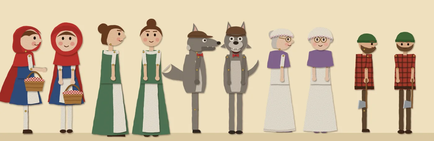 The five puppets, each seen from the side and from the front.
