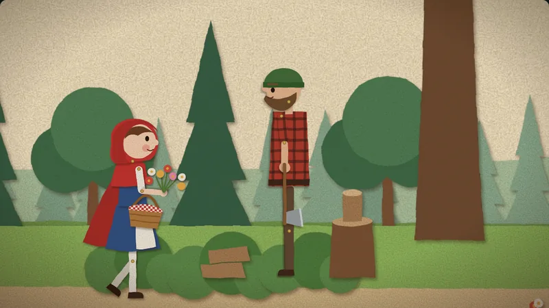 Little Red Riding Hood greets the woodcutter chopping wood near Grandma's cottage.