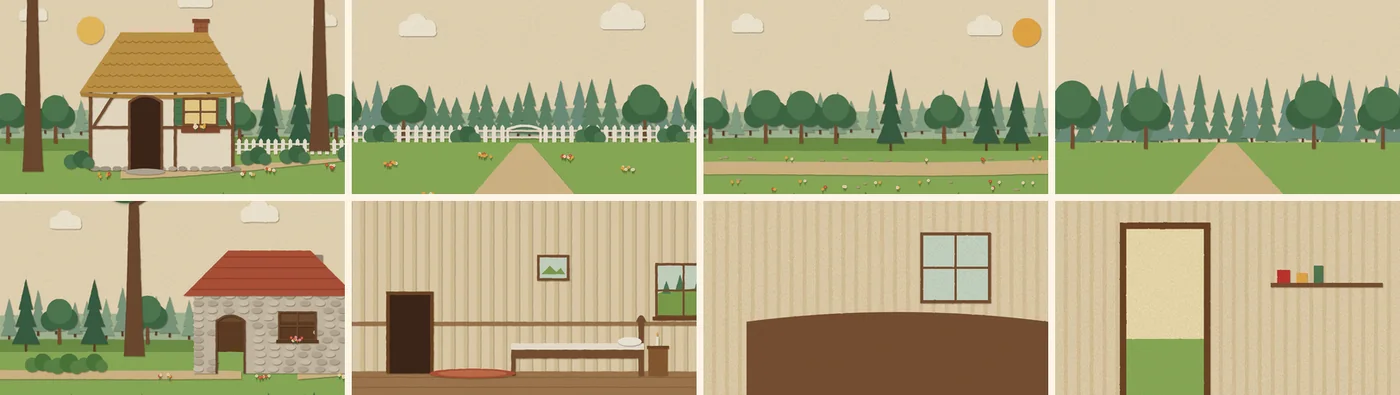 Eight sets: Mother's cottage, the garden, two woods, Grandma's cottage, her bedroom and two reverse angles.