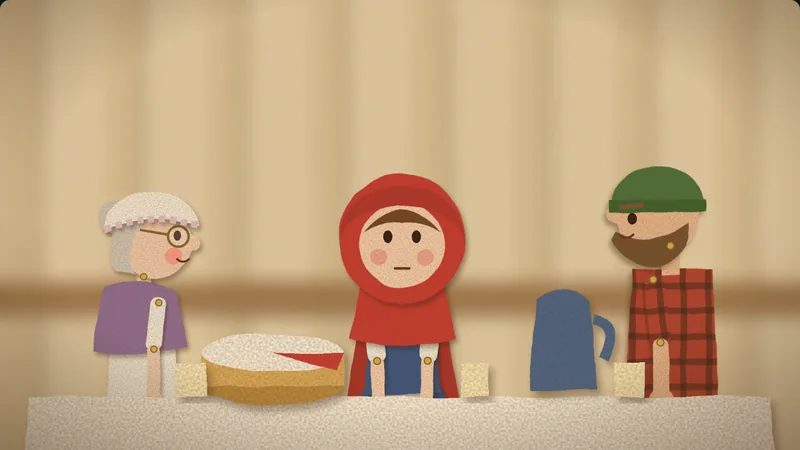 Grandma, Little Red Riding Hood and the woodcutter share the cake.