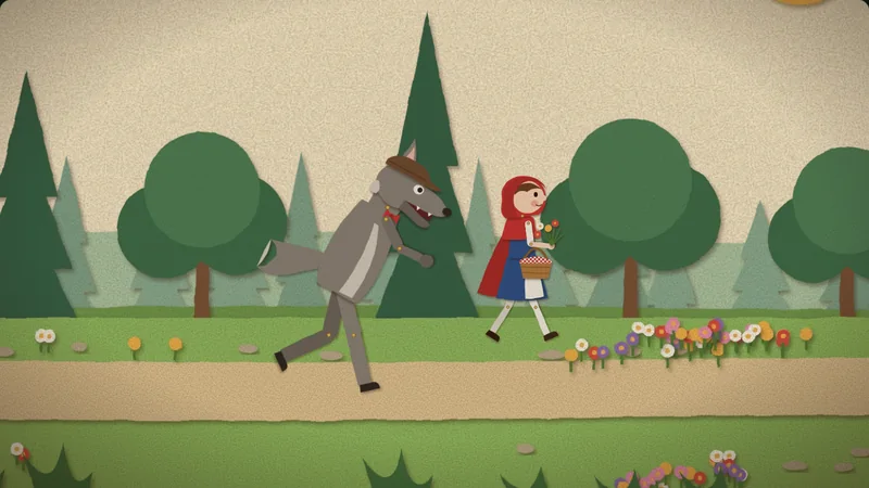 The wolf and Little Red Riding Hood among the flowers.