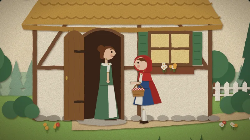 Mother sees Little Red Riding Hood off at the cottage door.