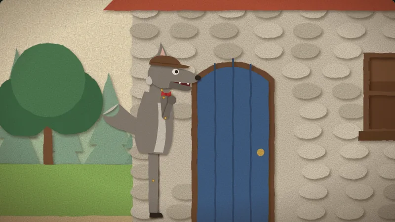 The wolf knocks at Grandma's blue door.