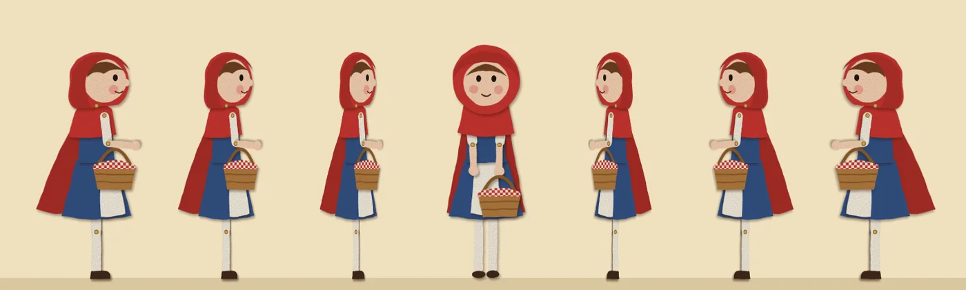 Little Red Riding Hood turning: side view squashing, front view, mirrored side view.