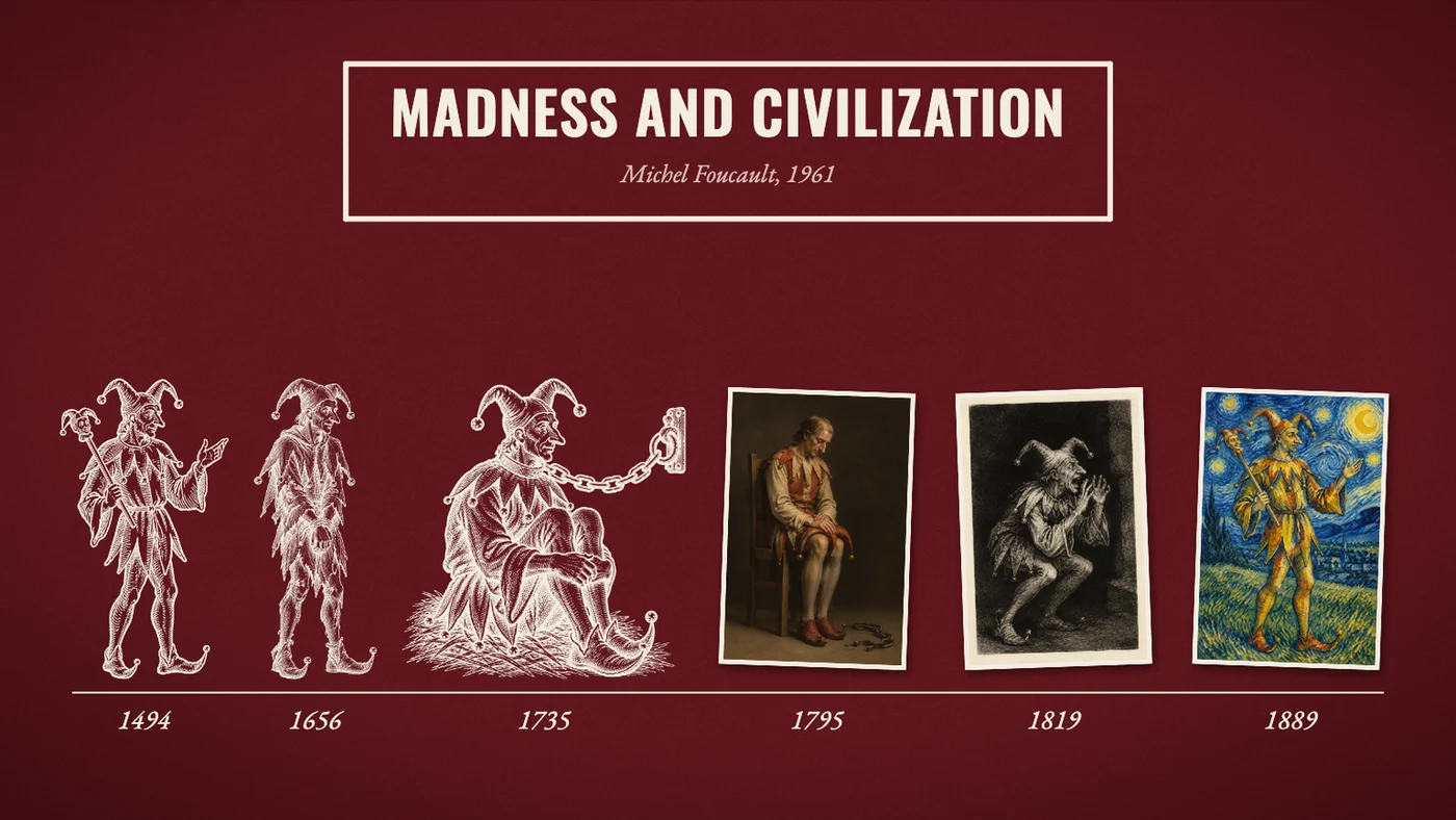 The six fools of the film in a row, from a 1494 woodcut to Van Gogh, under the walled title Madness and Civilization.