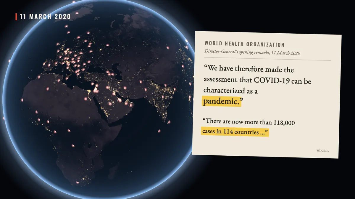 The WHO Director-General's remarks of 11 March 2020 on a paper card, with the word pandemic and the phrase cases in 114 countries highlighted.