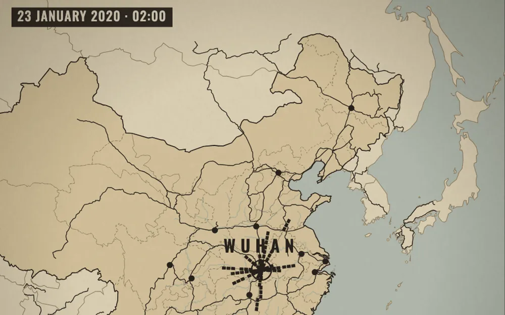 A step of the scroll story: Wuhan on the rail map of China at two in the morning on 23 January 2020.