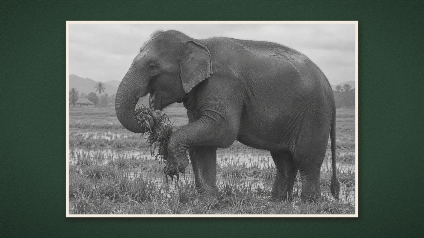 An elephant grazing in a flooded paddy field, in black and white.