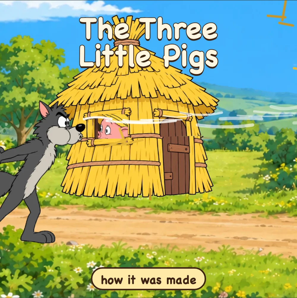 The Three Little Pigs: the wolf blows at the straw house while the first little pig peeks out of the window.