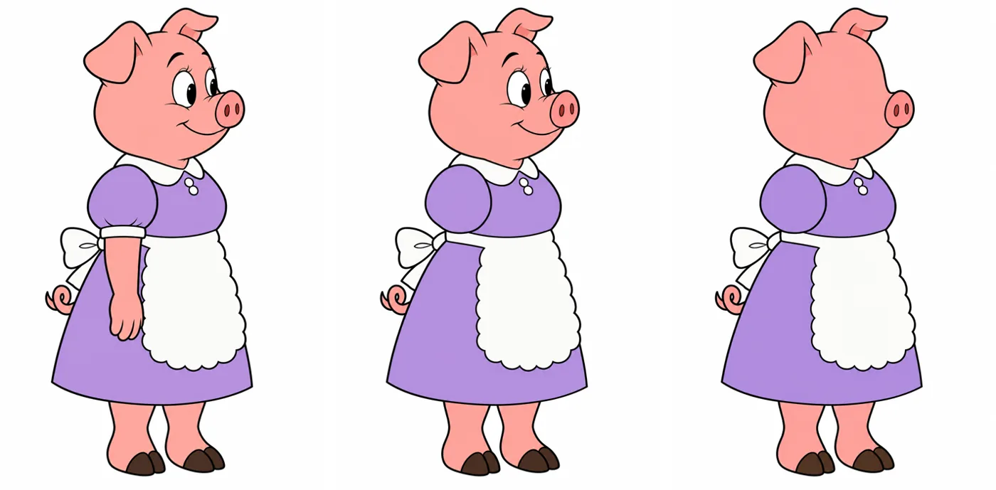 Mother Pig three times: complete, without her arm, without her face.