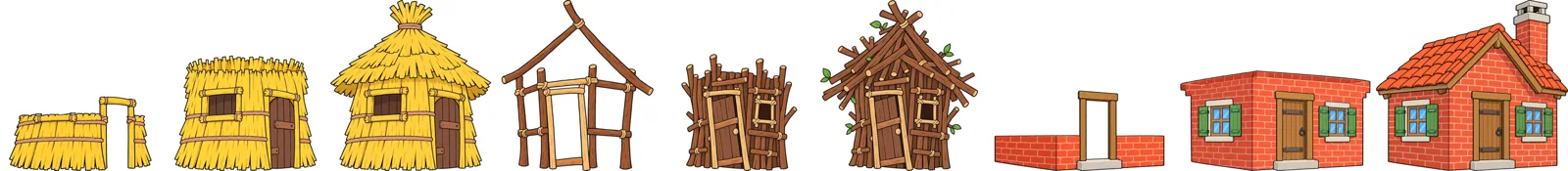 Each house in three construction stages.