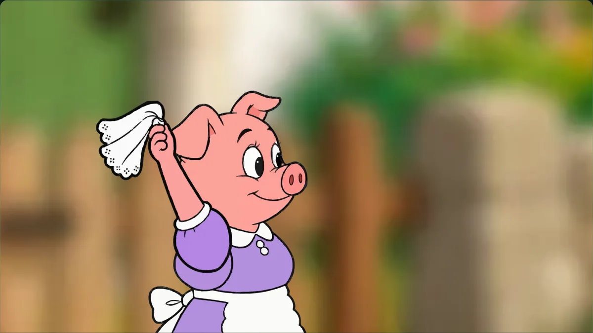 Mother Pig waves goodbye with her handkerchief.