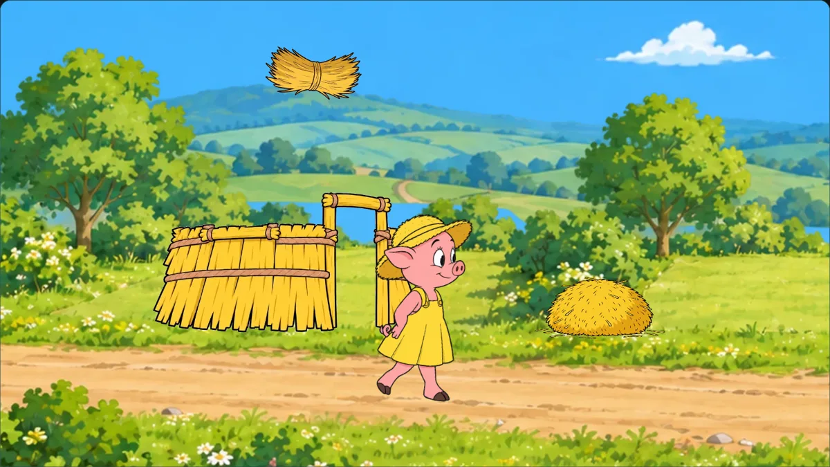 The first pig carries straw to her half-built house.