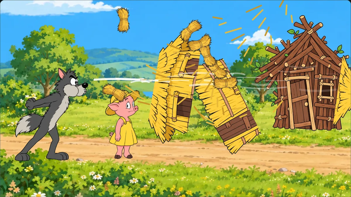 The straw house flies apart.