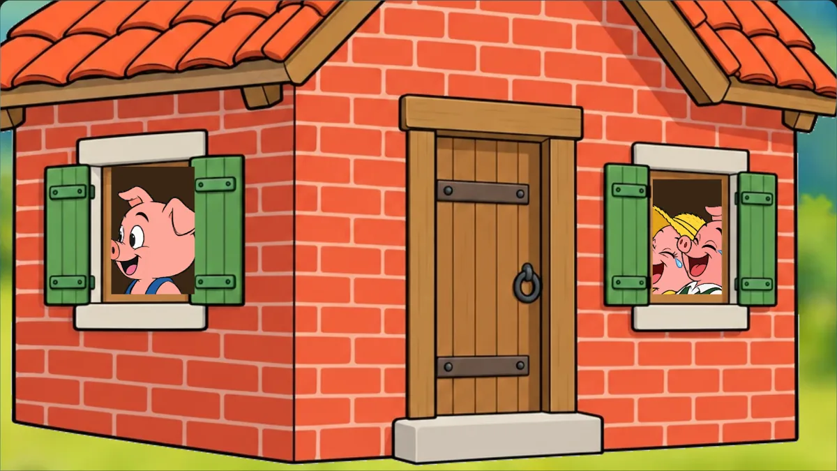 Three pigs in the windows of the brick house.