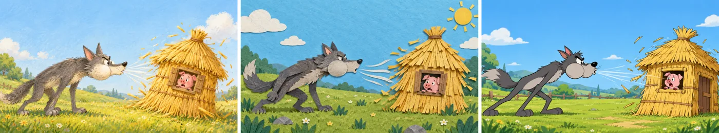 The same scene in three styles: gouache, cut paper, TV cartoon.