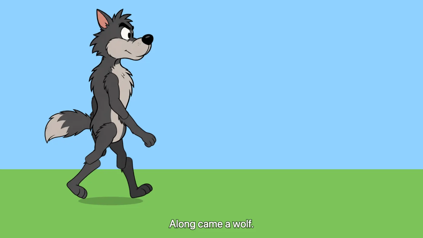 The wolf assembled from rigid painted parts.