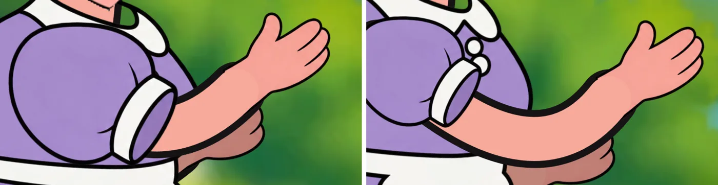 Mother Pig's arm emerging beside her sleeve.