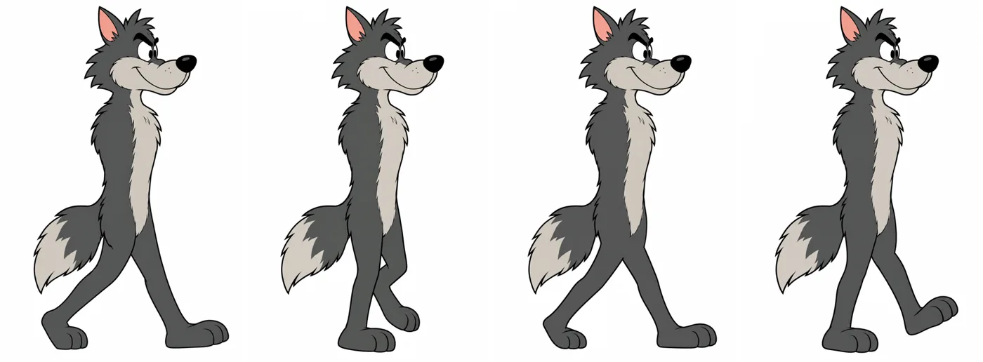 Four walking drawings of the wolf.