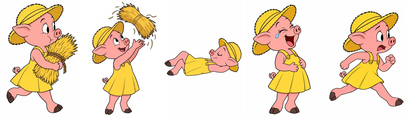The first pig carrying, tossing, napping, laughing and running.