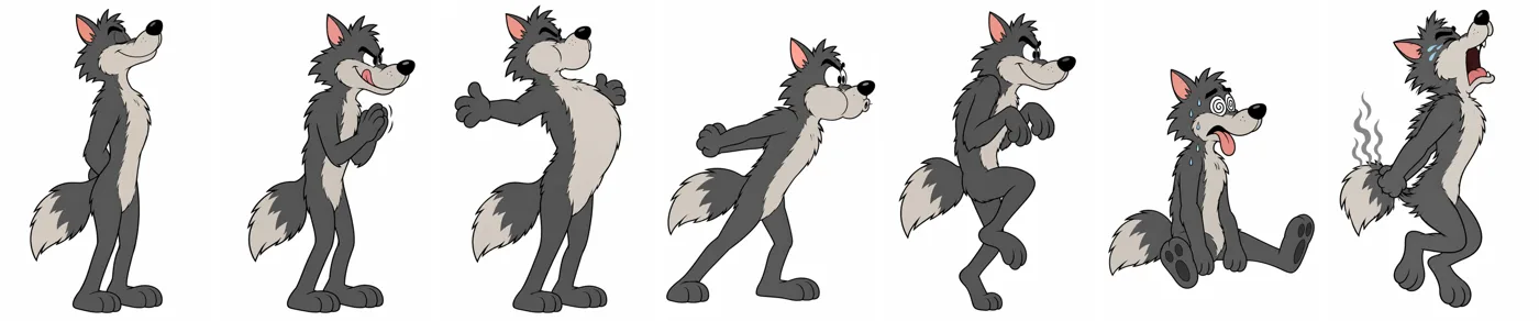 The wolf sniffing, grinning, inhaling, blowing, tiptoeing, collapsing and howling.