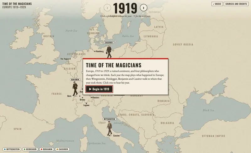 A map of Europe in 1919 with four philosophers on it